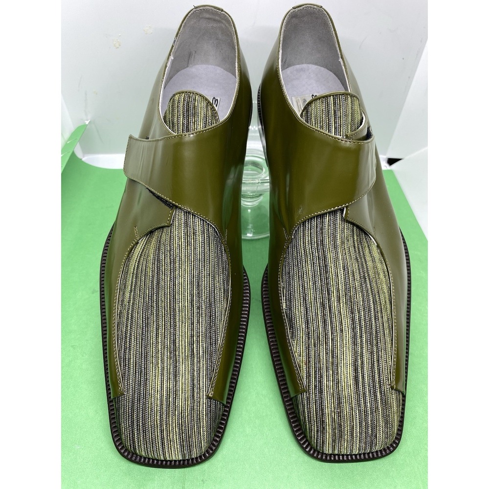 Emilio Franco Mens Olive Green Leather Striped Monk Strap Dress Shoes Size 12 M